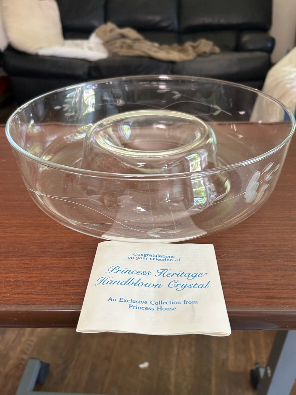NOS vintage princess house Handblown Crystal Chip & Dip Bowl, 11 x 3 1/4”.
